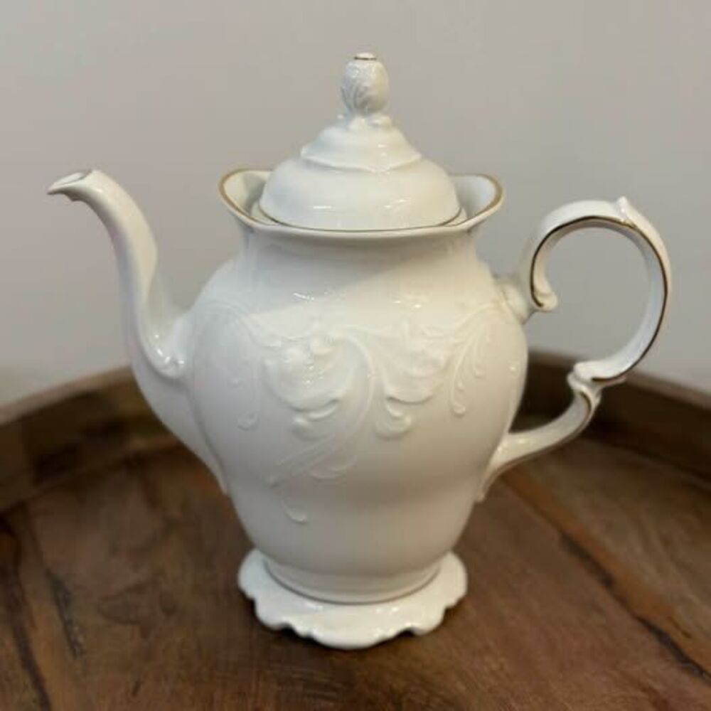 Vintage White Porcelain Teapot with Gold Trim